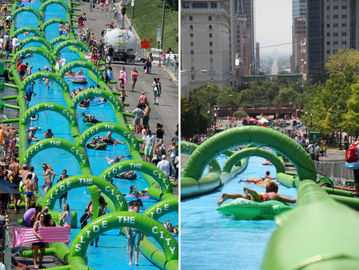 Anúncio publicitário durável inflável gigante engraçado do Pvc da corrediça de água do verde 300m por muito tempo