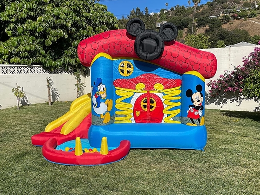 casa inflável de Disney Mickey Mouse Funhouse Outdoor Bounce do leão-de-chácara do PVC de 0.55mm com corrediça