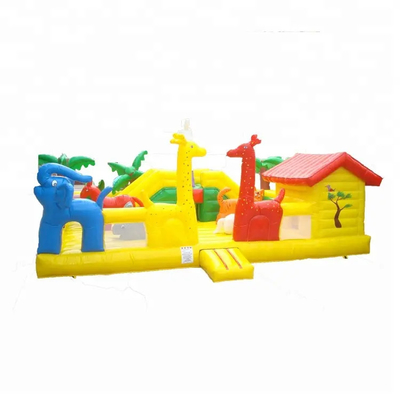 Parque de diversões inflável encerado castelo inflável infantil com escorregador elefante tema animal