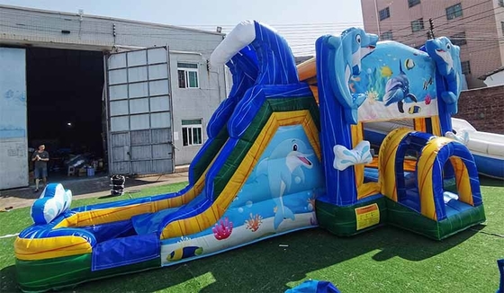 Casa de salto de golfinho feita sob medida com deslizamento do mundo subaquático temático castelo de saltos para crianças