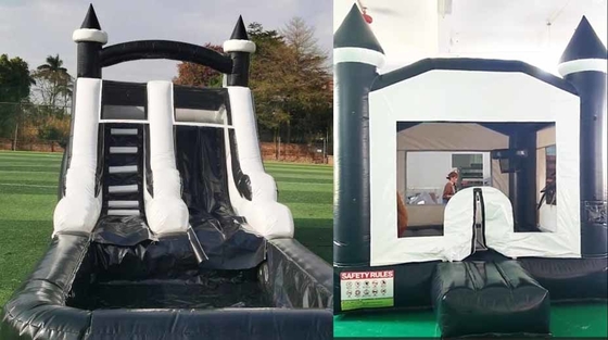 Indoor/Outdoor Casa de salto em tuxedo preto e branco Slide de água inflável para festa