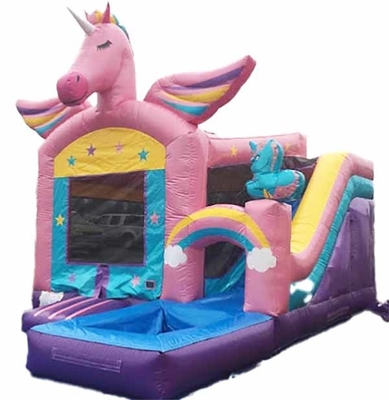 OEM/ODM Unicorn Bounce House com pequeno slide e piscina PVC e personalizável