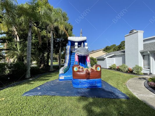 Parque Aquático Inflável de PVC com Tema de Tubarão, Piscina com Escorregador e Piscina para Crianças