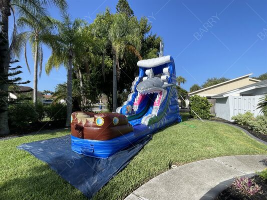 Parque Aquático Inflável de PVC com Tema de Tubarão, Piscina com Escorregador e Piscina para Crianças