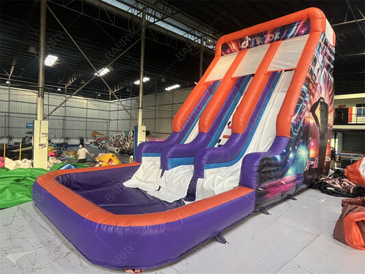 Escorregador Inflável Duplo de Grau Comercial com Piscina, Tema Neon/TikTok Moderno para Aluguel de Festas e Eventos Sistema de Brinquedos para Crianças