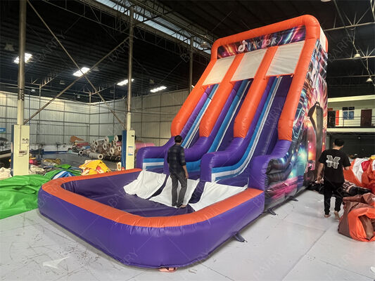 Escorregador Inflável Duplo de Grau Comercial com Piscina, Tema Neon/TikTok Moderno para Aluguel de Festas e Eventos Sistema de Brinquedos para Crianças