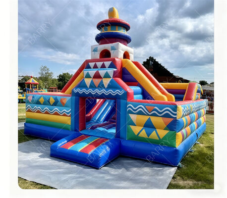 Castelo inflável de carnaval geométrico com escorregadores duplos – Centro de recreação infantil de nível comercial