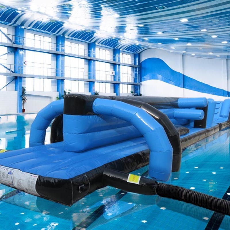 Percurso de obstáculos inflável de brinquedos aquáticos para piscina 13M Preto e azul Twin Track Pool Inflatable Aqua Run