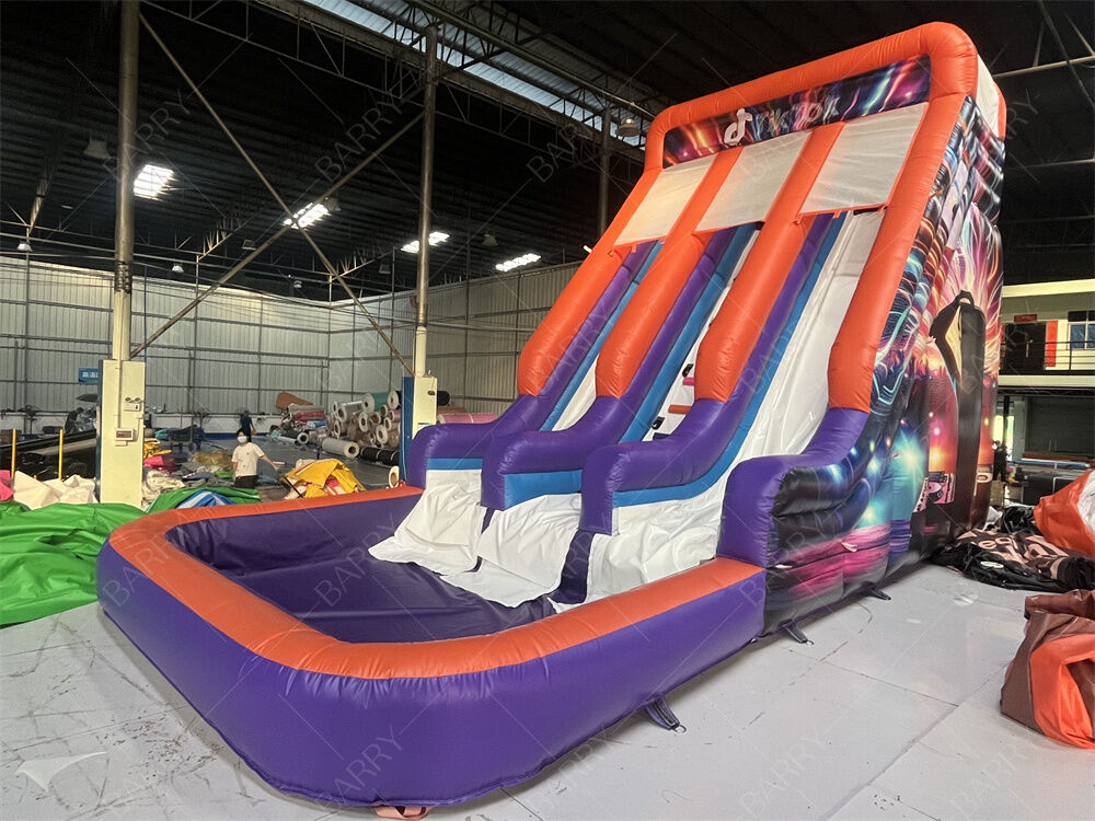 Escorregador Inflável Duplo de Grau Comercial com Piscina, Tema Neon/TikTok Moderno para Aluguel de Festas e Eventos Sistema de Brinquedos para Crianças